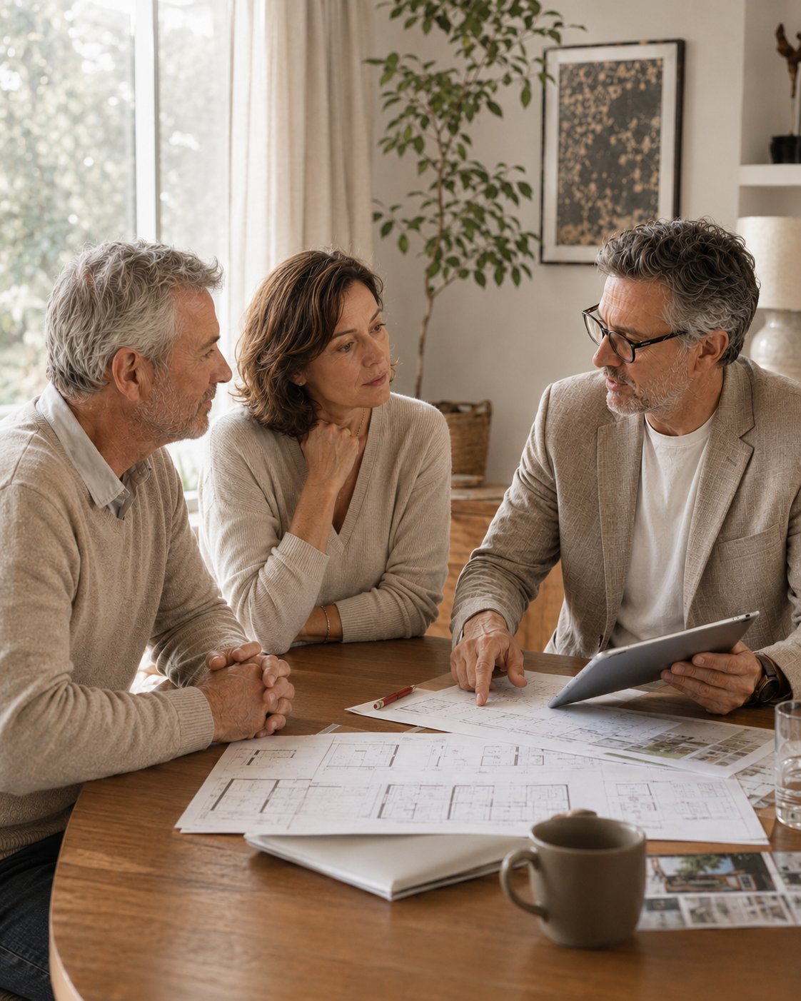 Conseiller ERENA échangeant avec des propriétaires autour d'un plan de maison